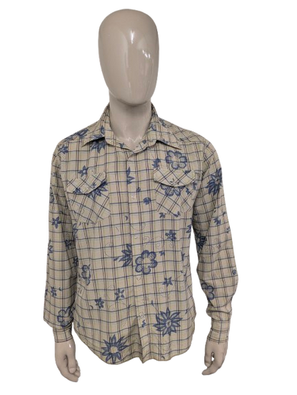 Quickmatch vintage overhemd met drukknopen en puntkraag. Groen Blauw Geel Paarse print. Maat XL.