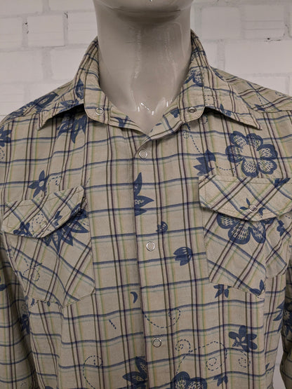 Quickmatch vintage overhemd met drukknopen en puntkraag. Groen Blauw Geel Paarse print. Maat XL.