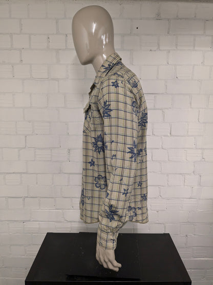 Quickmatch vintage overhemd met drukknopen en puntkraag. Groen Blauw Geel Paarse print. Maat XL.
