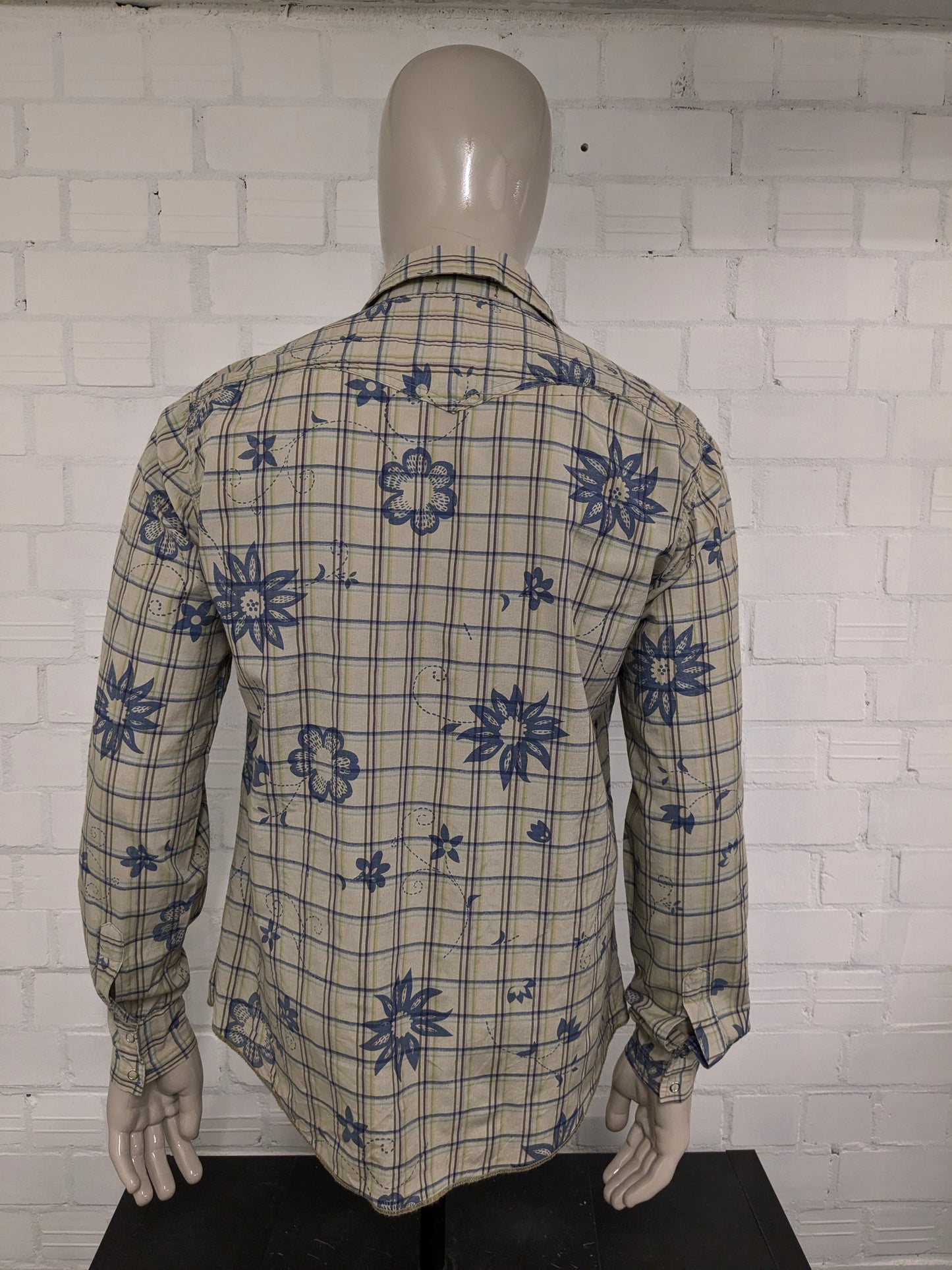 Quickmatch vintage overhemd met drukknopen en puntkraag. Groen Blauw Geel Paarse print. Maat XL.