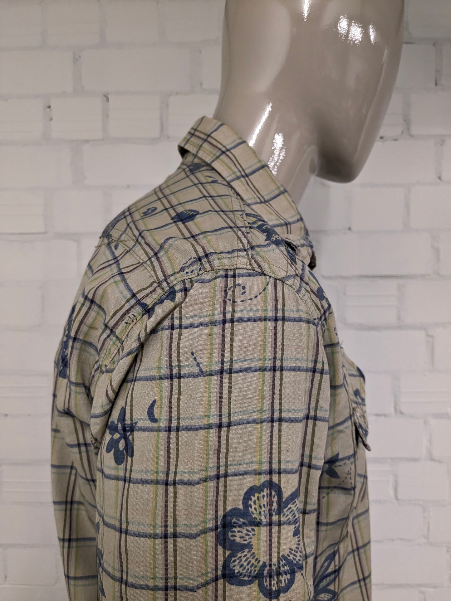 Quickmatch vintage overhemd met drukknopen en puntkraag. Groen Blauw Geel Paarse print. Maat XL.