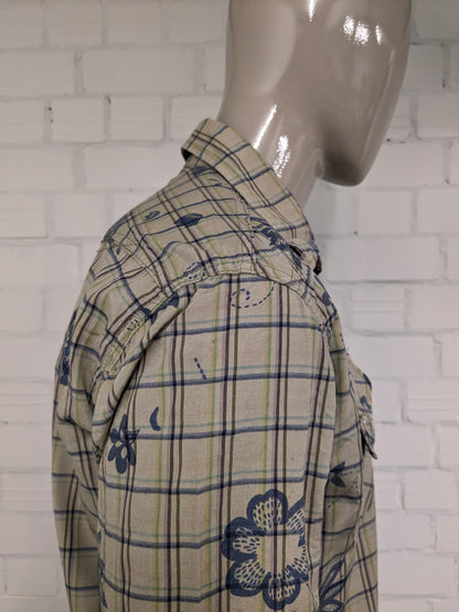 Quickmatch vintage overhemd met drukknopen en puntkraag. Groen Blauw Geel Paarse print. Maat XL.