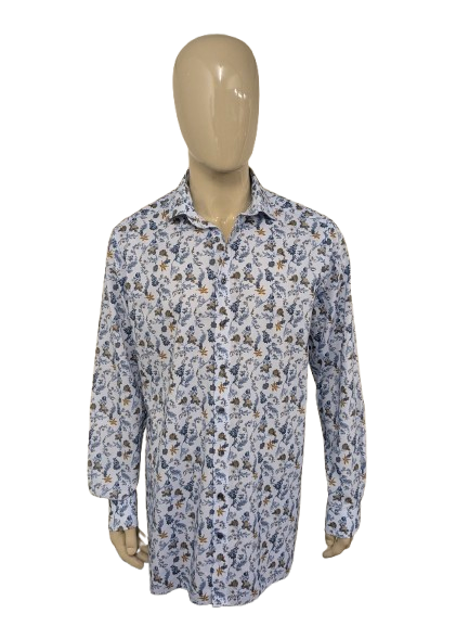 Olymp Luxor overhemd. Blauw Bruine bloemen print. Maat XL. modern fit.