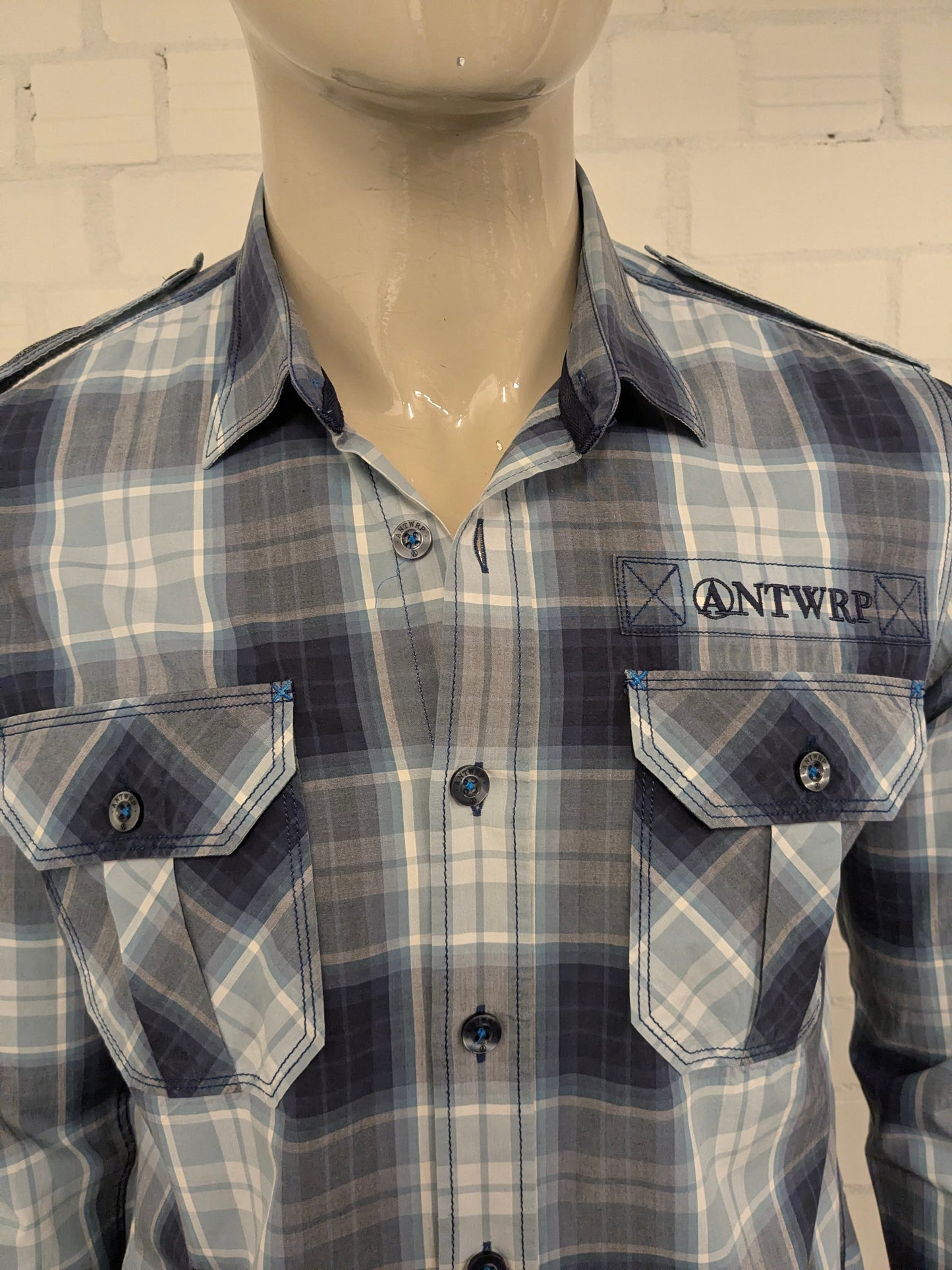 Antwrp overhemd. Blauw Grijs geruit. Maat L.