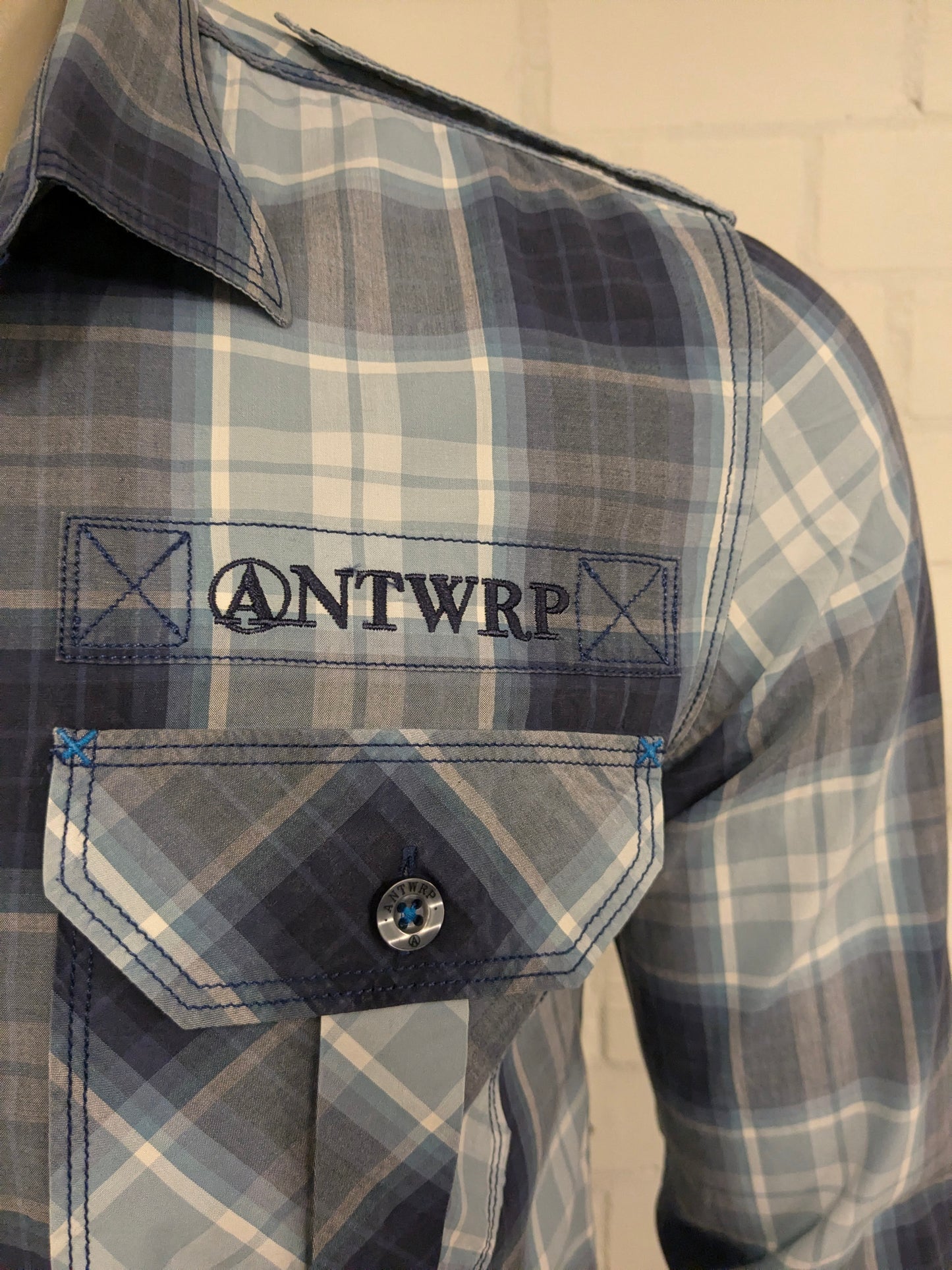 Antwrp overhemd. Blauw Grijs geruit. Maat L.