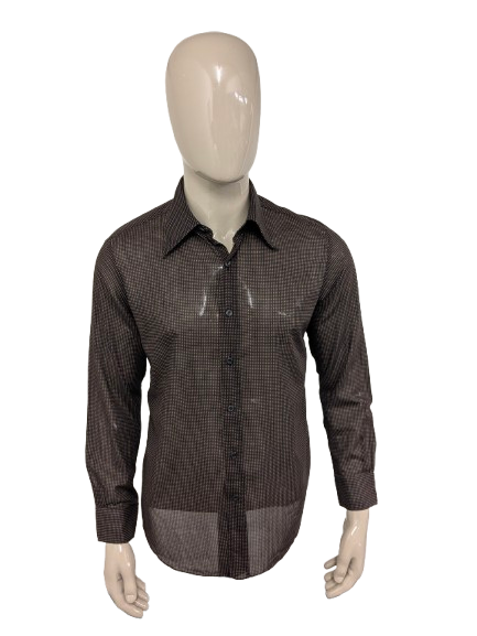 Dandy 70's overhemd met puntkraag. Licht doorschijnend Zwart Bruine stippen. Maat M.