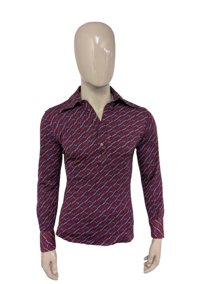 Vintage Lanvin Paris polo trui met puntkraag. Rood Paars Blauw Witte print. Maat L. slim fit. stretch.