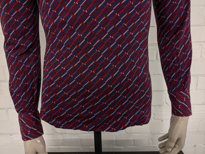 Vintage Lanvin Paris polo trui met puntkraag. Rood Paars Blauw Witte print. Maat L. slim fit. stretch.