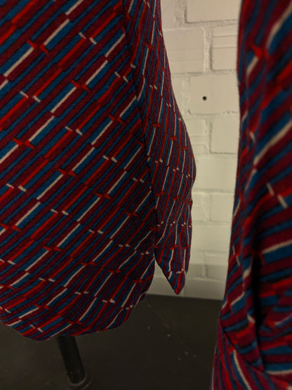Vintage Lanvin Paris polo trui met puntkraag. Rood Paars Blauw Witte print. Maat L. slim fit. stretch.