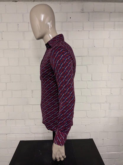 Vintage Lanvin Paris polo trui met puntkraag. Rood Paars Blauw Witte print. Maat L. slim fit. stretch.