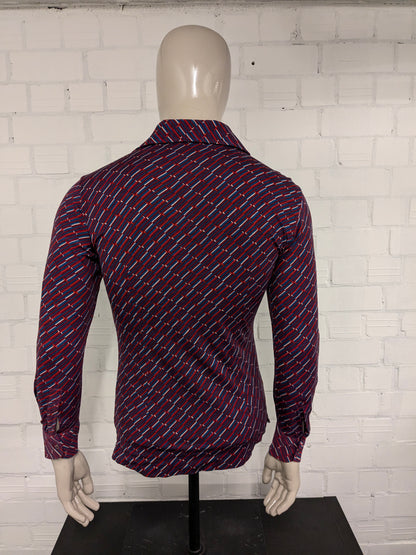 Vintage Lanvin Paris polo trui met puntkraag. Rood Paars Blauw Witte print. Maat L. slim fit. stretch.