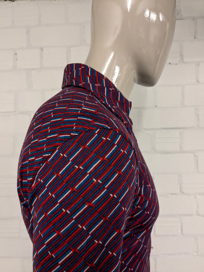 Vintage Lanvin Paris polo trui met puntkraag. Rood Paars Blauw Witte print. Maat L. slim fit. stretch.