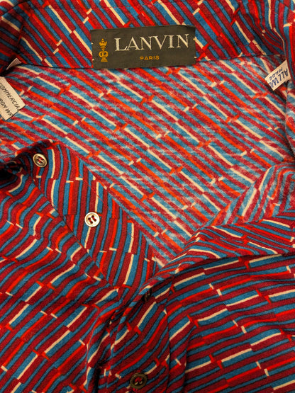 Vintage Lanvin Paris polo trui met puntkraag. Rood Paars Blauw Witte print. Maat L. slim fit. stretch.