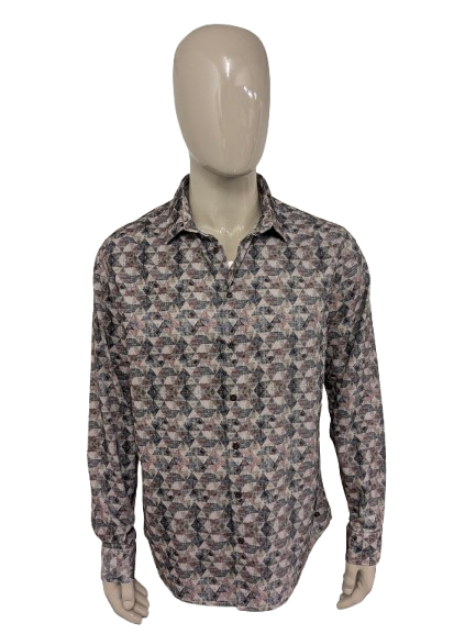 No Excess rib overhemd. Lichte rib / fluweel look. Roze Groen Beige Zwart print. Maat XL.