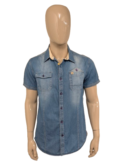Noize overhemd korte mouw. Blauw gestippeld. Maat XL (L) slim fit.