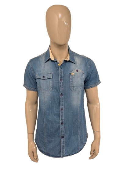 Noize overhemd korte mouw. Blauw gestippeld. Maat XL (L) slim fit.