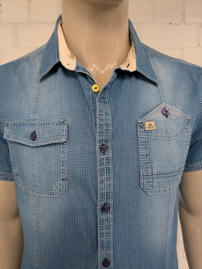 Noize overhemd korte mouw. Blauw gestippeld. Maat XL (L) slim fit.