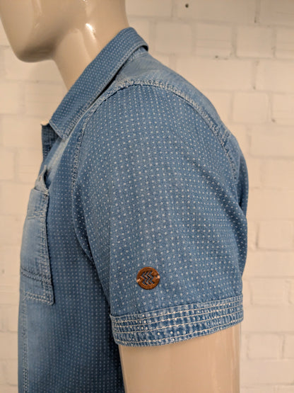 Noize overhemd korte mouw. Blauw gestippeld. Maat XL (L) slim fit.