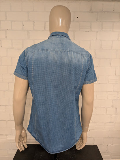 Noize overhemd korte mouw. Blauw gestippeld. Maat XL (L) slim fit.