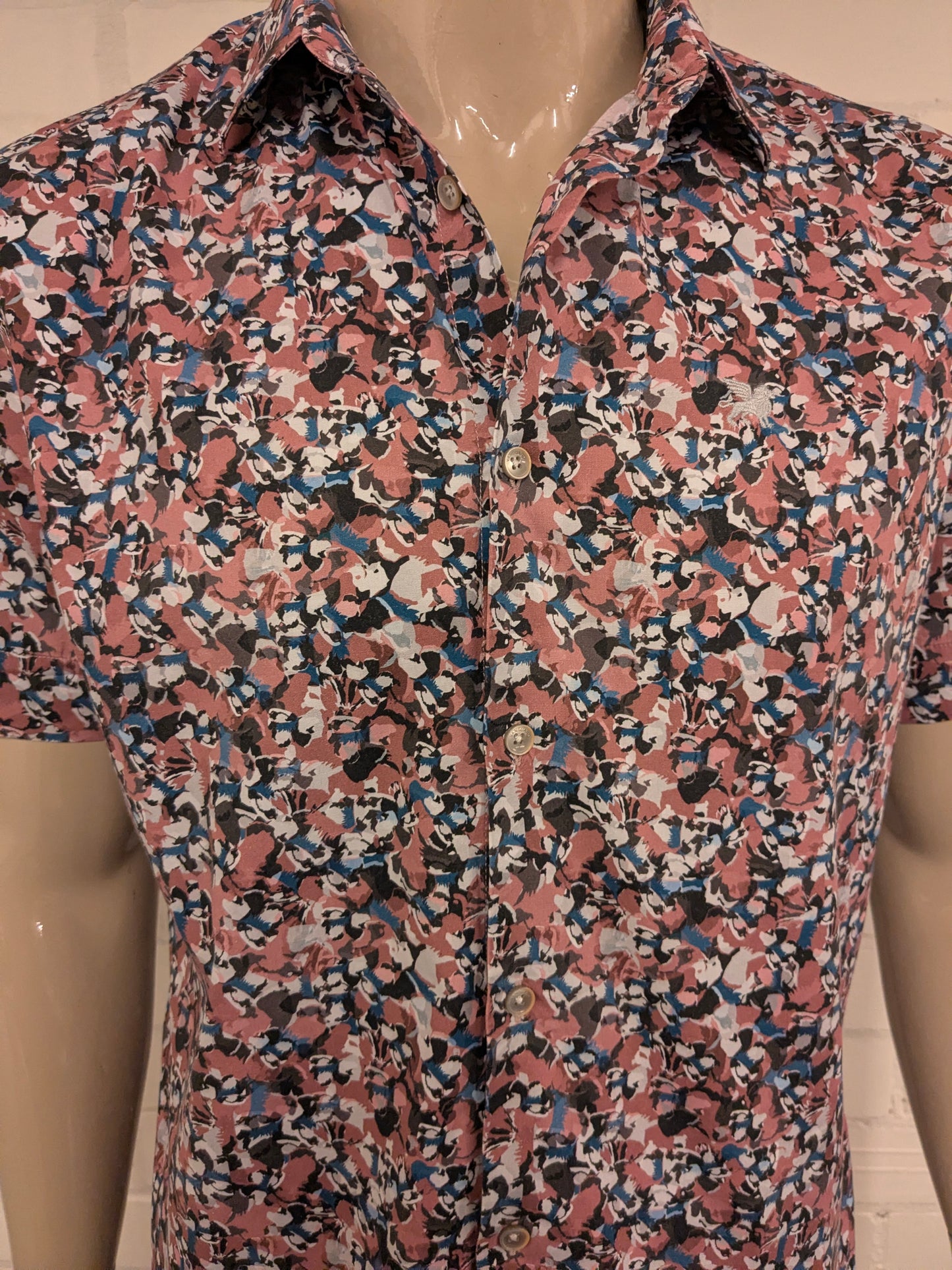 Vanguard overhemd korte mouw. Roze Bruin Blauwe print. Maat L.