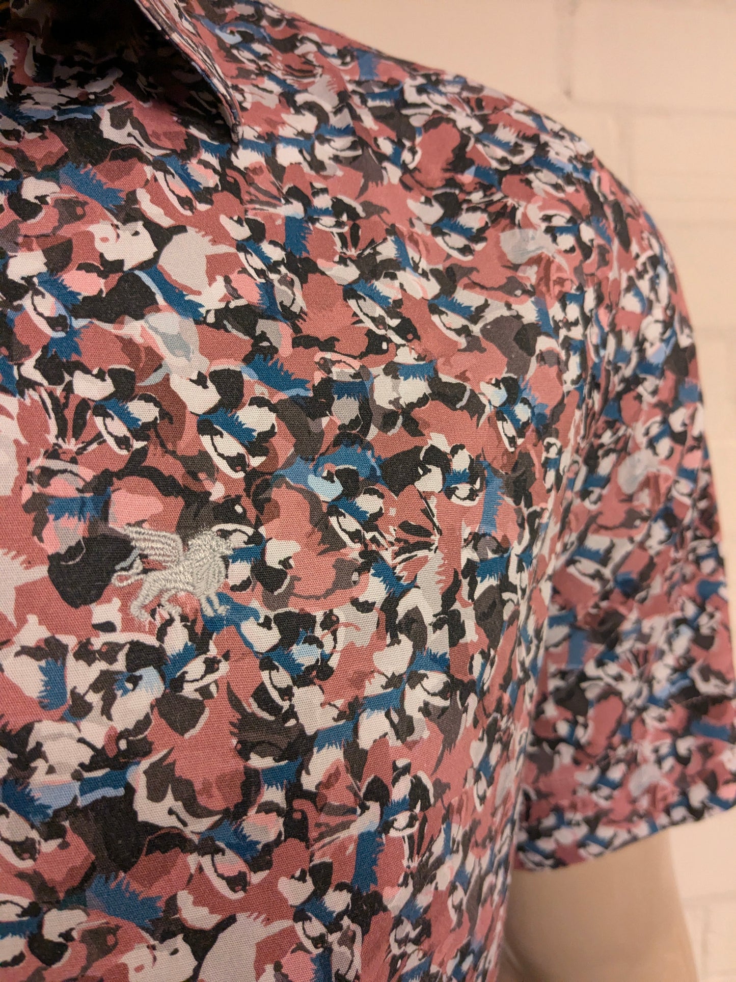 Vanguard overhemd korte mouw. Roze Bruin Blauwe print. Maat L.