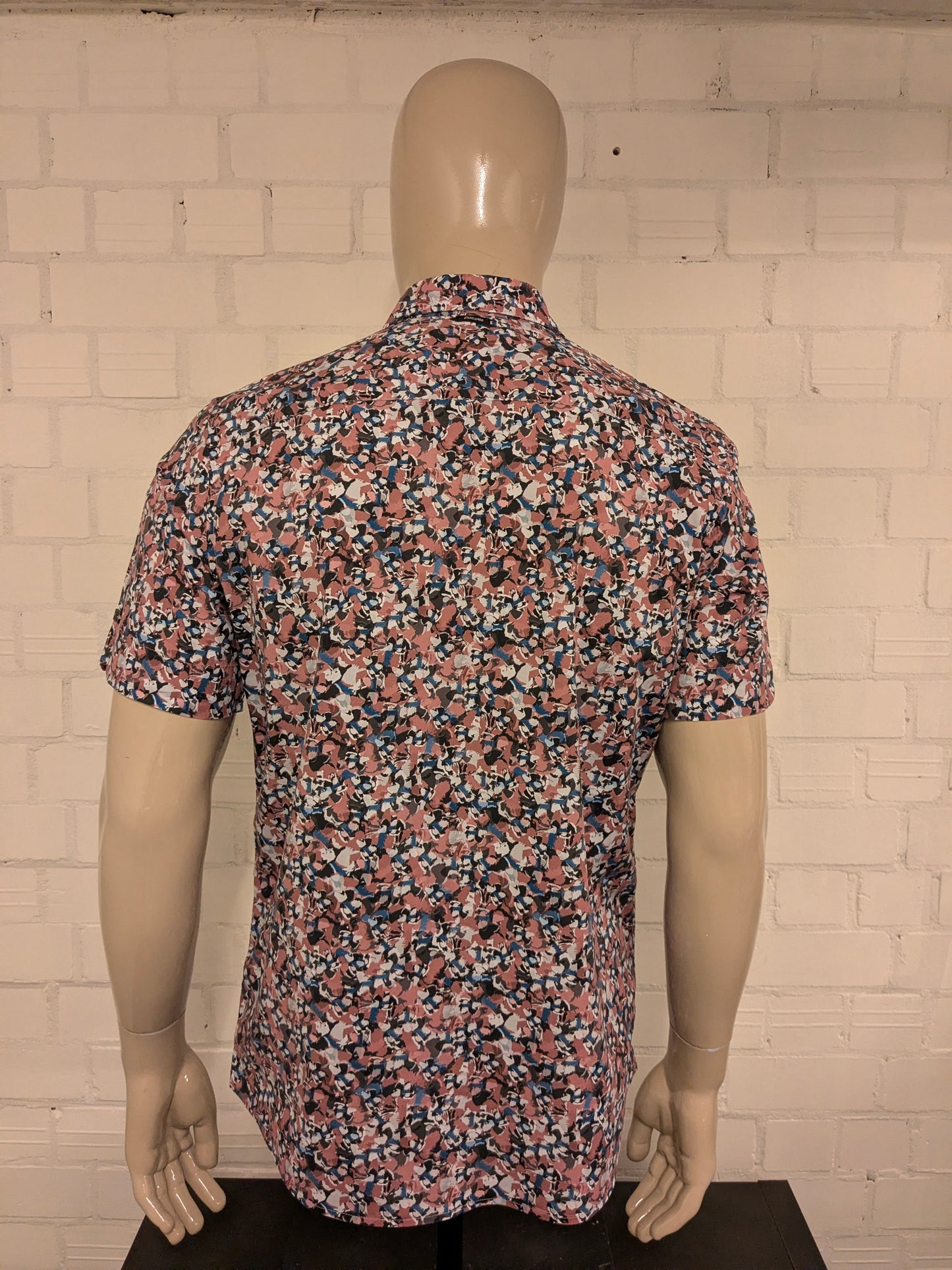 Vanguard overhemd korte mouw. Roze Bruin Blauwe print. Maat L.