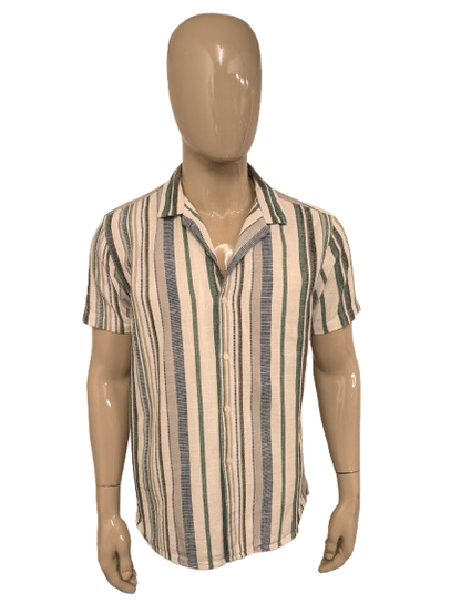 Colin's overhemd korte mouw. dikkere stop. Groen Blauw Beige Zwart gestreept. Maat XL.