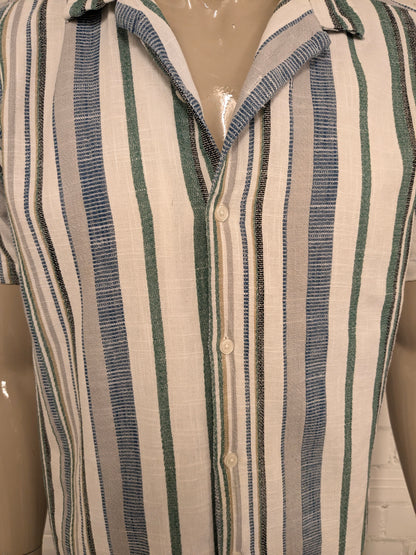 Colin's overhemd korte mouw. dikkere stop. Groen Blauw Beige Zwart gestreept. Maat XL.