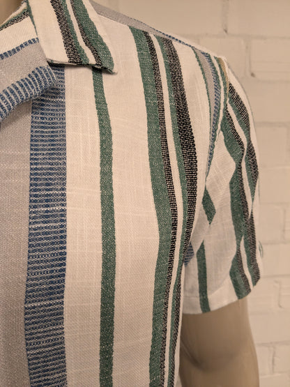 Colin's overhemd korte mouw. dikkere stop. Groen Blauw Beige Zwart gestreept. Maat XL.