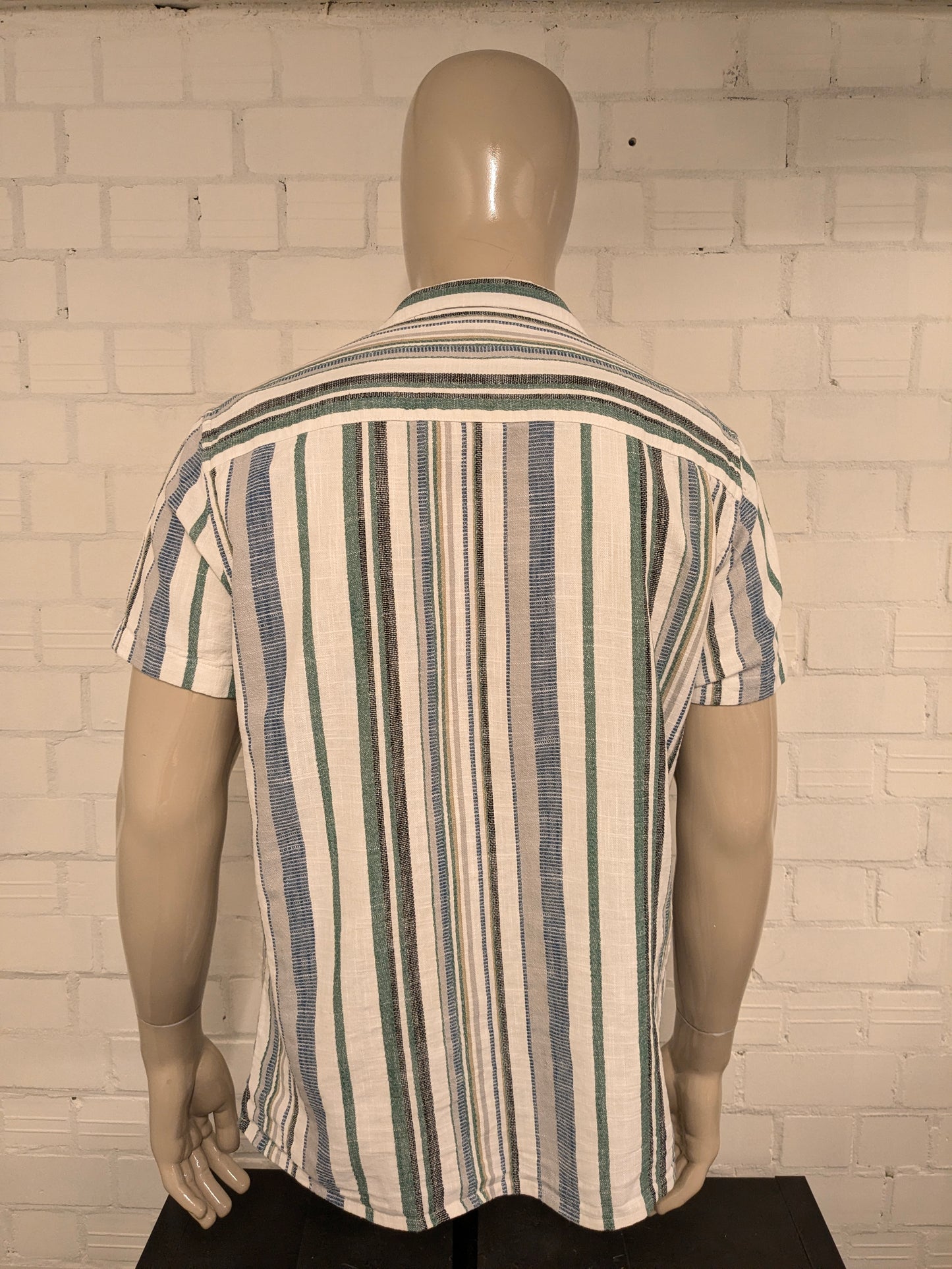 Colin's overhemd korte mouw. dikkere stop. Groen Blauw Beige Zwart gestreept. Maat XL.