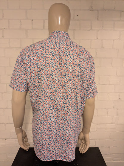 Giordano overhemd korte mouw. Roze Blauw Beige print. Maat XL. regular fit.