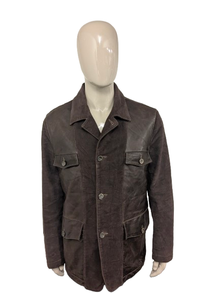 Vintage Marlboro Classics half om half leren jas met knopen. Donker Bruin gekleurd. Maat XL.
