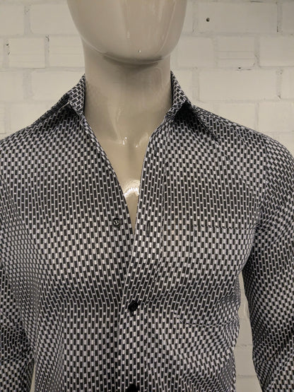 Vintage 70'sRauterberg overhemd met puntkraag. Zwart Witte print. Maat M.