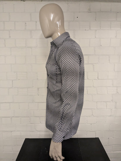 Vintage 70'sRauterberg overhemd met puntkraag. Zwart Witte print. Maat M.