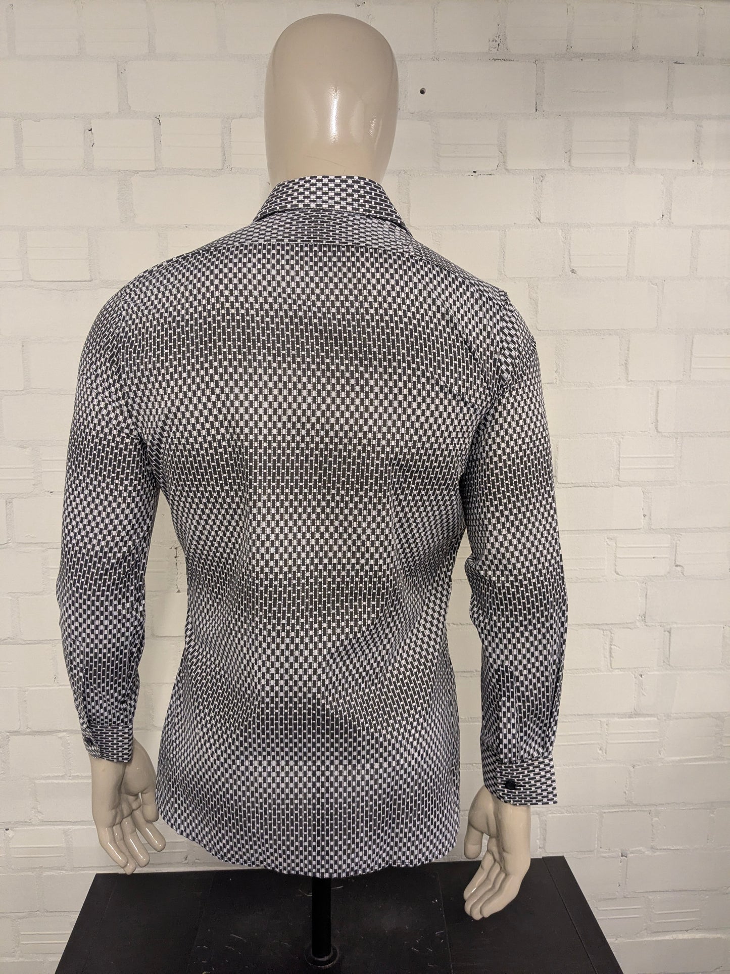 Vintage 70'sRauterberg overhemd met puntkraag. Zwart Witte print. Maat M.