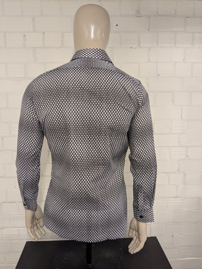 Vintage 70'sRauterberg overhemd met puntkraag. Zwart Witte print. Maat M.