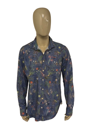 NZA New Zealand Auckland overhemd. Blauw met gekleurde bloemen print. Maat 2XL / XXL.