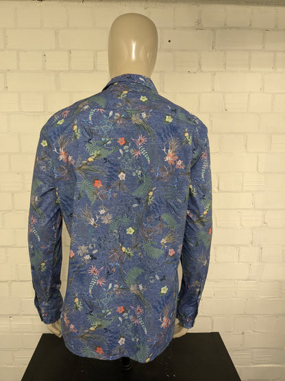NZA New Zealand Auckland overhemd. Blauw met gekleurde bloemen print. Maat 2XL / XXL.