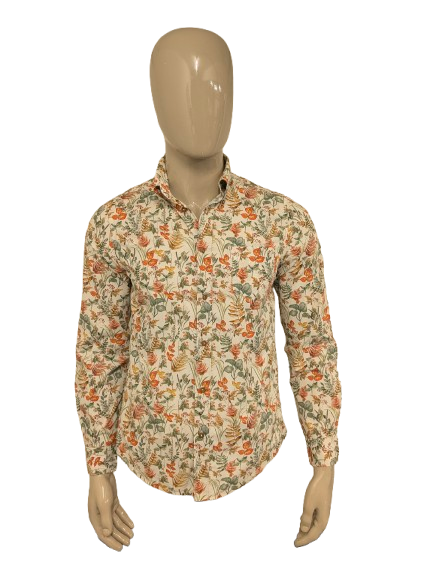 Ben Sherman overhemd. Beige Groen Oranje Rode bloemen print. Maat M.
