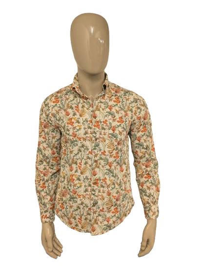 Ben Sherman overhemd. Beige Groen Oranje Rode bloemen print. Maat M.