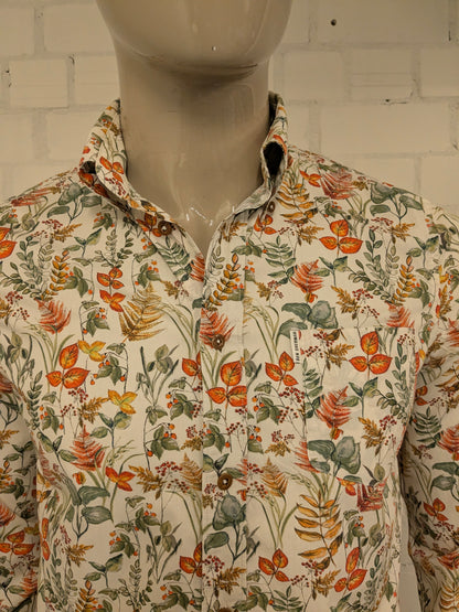 Ben Sherman overhemd. Beige Groen Oranje Rode bloemen print. Maat M.