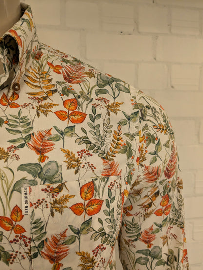 Ben Sherman overhemd. Beige Groen Oranje Rode bloemen print. Maat M.