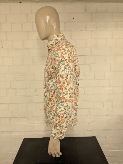 Ben Sherman overhemd. Beige Groen Oranje Rode bloemen print. Maat M.