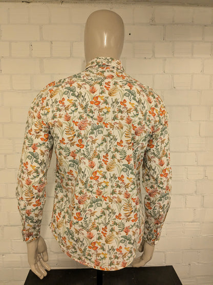 Ben Sherman overhemd. Beige Groen Oranje Rode bloemen print. Maat M.