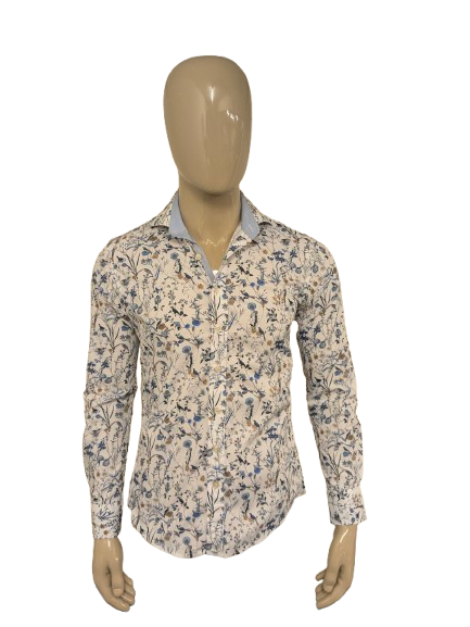 Camiseta de River Woods. Estampado floral azul marrón blanco. Talla S. Corte entallado.