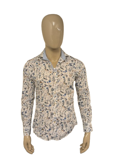 River Woods overhemd. Blauw Bruin Witte bloemen print. Maat S. slim fit.