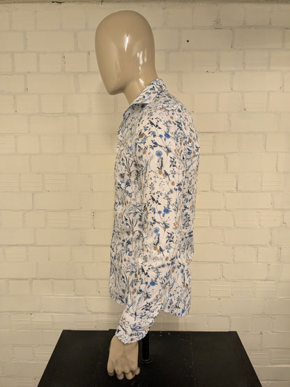 River Woods overhemd. Blauw Bruin Witte bloemen print. Maat S. slim fit.