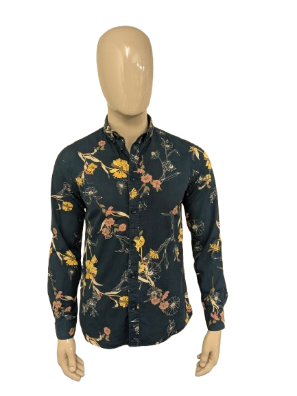Anerkjendt overhemd. Donker Blauw met Roze Geel Bruine Bloemen print. Maat M.