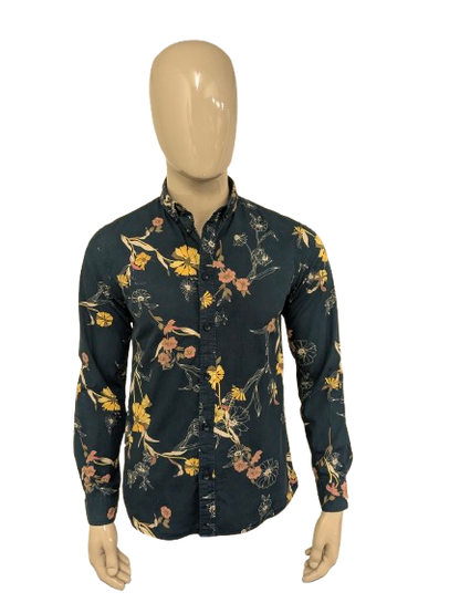 Anerkjendt overhemd. Donker Blauw met Roze Geel Bruine Bloemen print. Maat M.