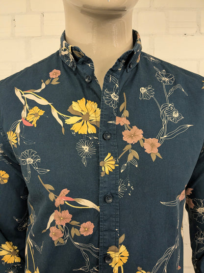 Anerkjendt overhemd. Donker Blauw met Roze Geel Bruine Bloemen print. Maat M.